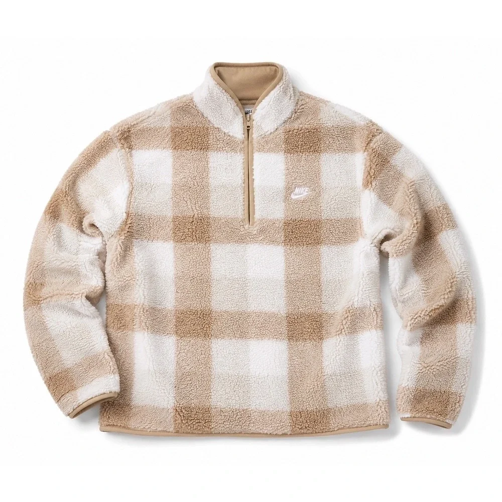 Nike Mens Sportswear Club Fleece Plaid Quarter Zip Pullover Khaki Sz XL  NEW